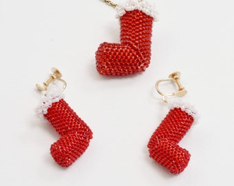 Beaded Christmas Stocking Earrings and Pendant tutorial/pattern using seed beads and Peyote stitch, by Katie Dean
