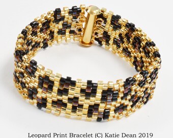 Leopard Print Bracelet Tutorial for a simple beaded bracelet made using brick stitch, designed by Katie Dean