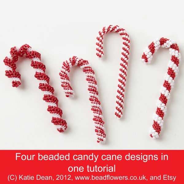 Beading tutorial to make four beaded candy canes, suitable for all levels, working with seed beads, in Peyote stitch, by Katie Dean