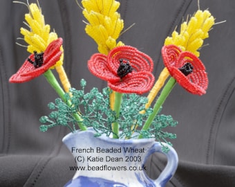 Two French Beading Tutorials/Patterns to Make Poppy and Wheat for a beautiful beaded flower arrangement, designed by Katie Dean