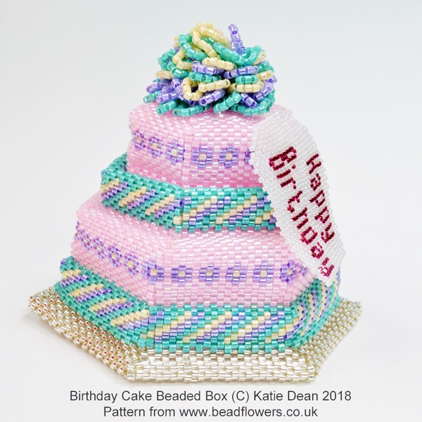 Beaded Birthday Cake Box Tutorial. Beading pattern to make a beaded box in the shape of a birthday cake, designed by Katie Dean.