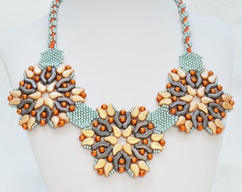 Paisley Duo Bridge Bead Necklace Pattern: Flames of Paris design using Peyote stitch and seed beads by Katie Dean, Beadflowers