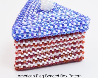 American Flag Beaded Box Tutorial. Peyote stitch beading pattern showing how to make a beaded box to celebrate your nation. By Katie Dean.