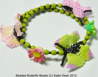 Simple Beaded Bead Pattern to Make Butterflies for bracelets and necklaces. Tutorial by Katie Dean, Beadflowers