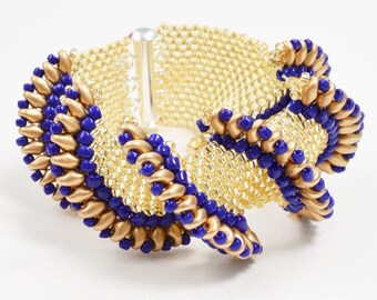 Flat Cellini Spiral Bracelet Made with Superduos and Seed Beads, designed by Katie Dean