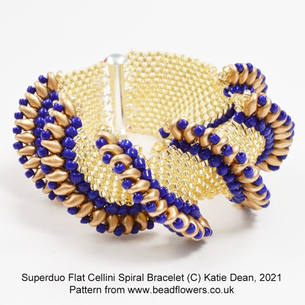 Flat Cellini Spiral Bracelet Made with Superduos and Seed Beads, designed by Katie Dean