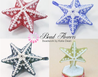 Peyote beaded star tutorial with 4 snowflake designs included. Six pointed star designed by Katie Dean