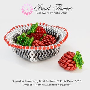 Strawberry Bowl Beading Pattern/tutorial using superduo beads and seed beads. Designed by Katie Dean