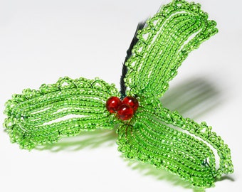 French beaded holly tutorial/beading pattern using basic seed beads and wire, designed by Katie Dean