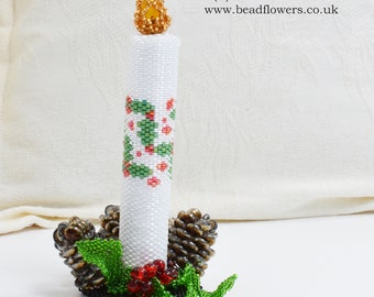 Beaded Advent Candle Tutorial using Peyote stitch to make a life-size 3D beaded ornament. Designed by Katie Dean