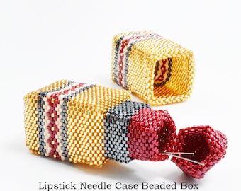 Beaded Needlecase Lipstick Beaded Box Design. Beading tutorial/pattern using Peyote stitch and delica beads. Designed by Katie Dean.