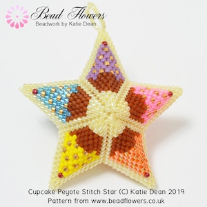 Peyote beaded star cupcake design. Tutorial to make a 2 5cm Peyote stitch beaded star. Designed by Katie Dean. image 1