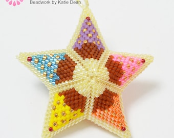 Peyote beaded star cupcake design. Tutorial to make a 2" (5cm) Peyote stitch beaded star. Designed by Katie Dean.