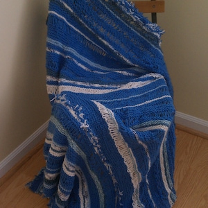 Bright Blue and White Knitted Afghan / Throw/ Blanket
