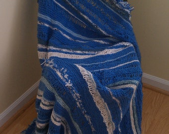 Bright Blue and White Knitted Afghan / Throw/ Blanket