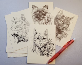Set of 12 Assorted Floral Cat Note Cards