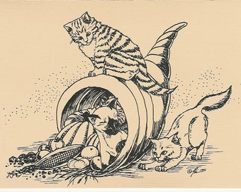 Kitten Cornucopia Thanksgiving Cards- Set of 10 Cards w/ Matching Envelopes