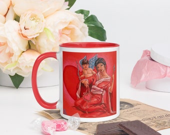 Venus and Cupid Japanese Kimono Valentine Coffee Mug - Red Handle and Interior