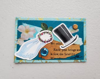 Mini Handmade Original Art - Wedding Theme Collage - Veil and Top Hat, Blue