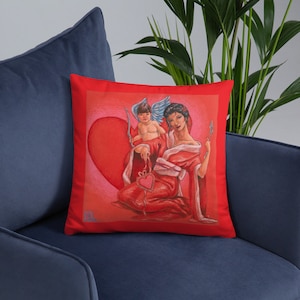 Venus y Cupido Japonés Kimono Estilo Valentín Red Throw Pillow