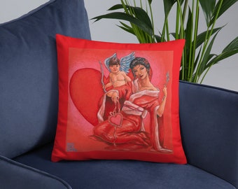 Venus and Cupid Japanese Kimono Style Valentine Red Throw Pillow