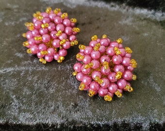 Hand-Beaded Plum Violet and Goldtone Cluster Vintage Clip Earrings
