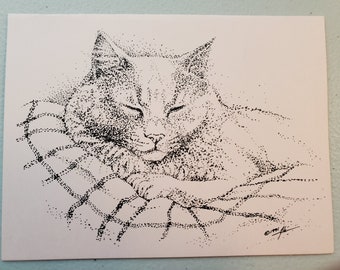 Set of 10 Pointillism Pink Cat Note Cards with Envelopes
