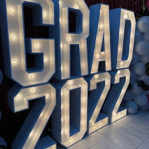 May include: Large, illuminated white letters spelling "GRAD 2022" with small, warm-toned lights. The letters are arranged in two rows, with "GRAD" above "2022". The background includes balloons and a dark, textured surface.