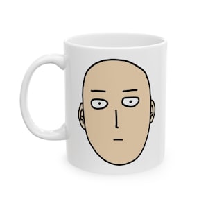 Funny Face Ceramic Mug, Saitama One Punch Man Mug, Gift for Anime Fans, 11oz 15oz Coffee Cup, Unique Cartoon Character Tea Mug, Novelty