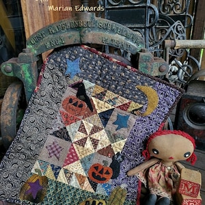 PDF Downloadable Pattern Primitive Wool Appliqué Halloween Quilt Wall hanging - HoPsCoTcH by Marian Edwards