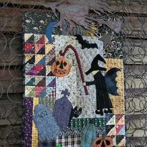 PDF Downloadable Pattern Prim Whimsical Wool Appliqué Halloween Quilt / Wall hanging - Bewitching Nightshade by Marian Edwards