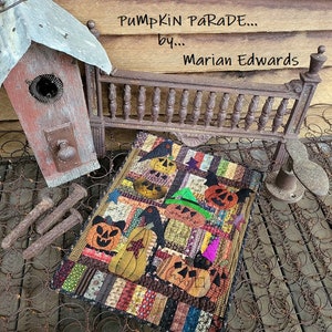 PDF Downloadable Pattern Prim Halloween Wool Appliqué Quilt Wall hanging ~ Pumpkin Parade by Marian Edwards
