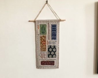 Stitched Wall Hanging - Visible Mending Sampler - Textile Decor