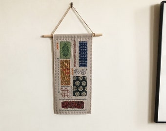 Stitched Wall Hanging - Visible Mending Sampler - Textile Decor
