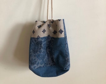 Drawstring Project Bag - Knitting Crochet Embroidery - Denim and Linen