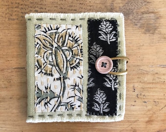 Linen Needle Book with Fabric Fragments and Decorative Stitching