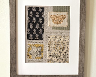 Framed Stitched Fabric Collage - Bohemian Decor - Nature Themed Art