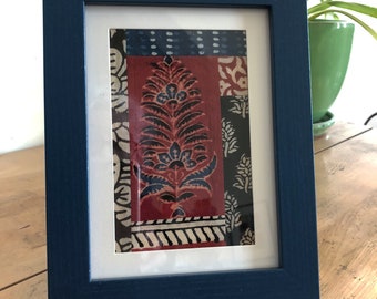 Small Framed Textile Collage - 5" x 7" - Block Printed Fabrics from India