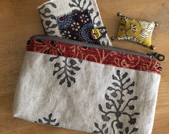 Sewing Kit - Hand Printed Linen with Block Print Fabric Swatches - Zipper bag, Needle Book and Pin Cusioin