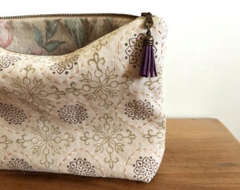 Hand Printed & Embroidered Cosmetic Bag: Upcycled Floral Lining