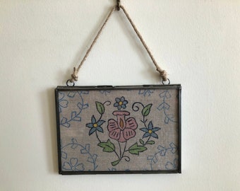 Hand Block Printed and Colored Linen Fabric Swatch in Hanging Glass, Metal and Jute Frame