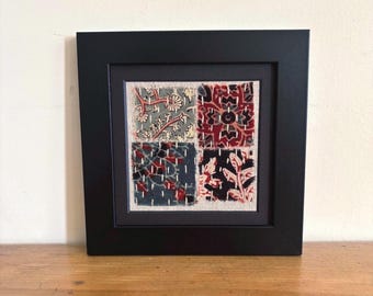 Visible Mending Fabric Collage – Bohemian Framed Art (6.5" x 6.5")