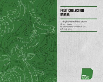 Kolekcja 13 ilustracji bananów | Wysoka jakość | Ręcznie rysowane owoce w formie linii | Clipart | Pobieranie cyfrowe | Wykorzystanie komercyjne