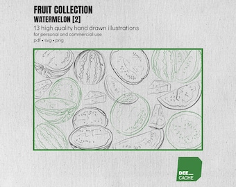 Kolekcja 13 ilustracji arbuzów nr 2 | Wysoka jakość | Ręcznie rysowane owoce w formie linii | Clipart | Pobieranie cyfrowe | Wykorzystanie komercyjne