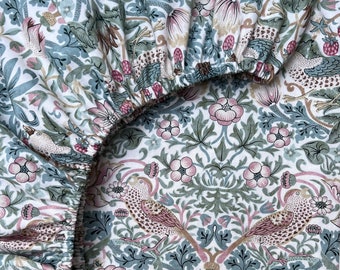 Ready to Ship William Morris & Co Baby Bedding Crib Sheet Strawberry Thief Bird Floral MAUVE Eucalyptus GREEN Brown Mini Crib Fitted Sheet