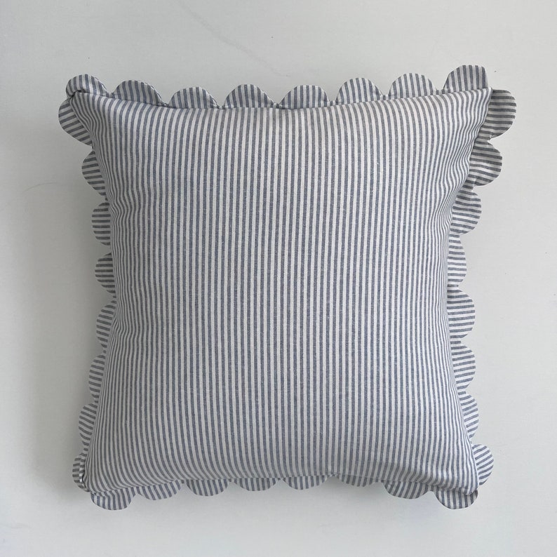 Scallop Edge Linen Pillow Cover. Chambray Striped Perfection. Handmade in Maine. image 3