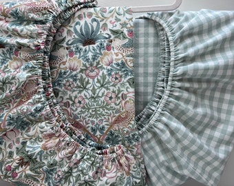 William Morris & Co Strawberry Thief and Sage Green Gingham Baby Bedding Crib Sheet Twin Coordinating Standard Crib Sheet