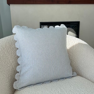 Scallop Edge Linen Pillow Cover. Chambray Striped Perfection. Handmade in Maine. image 1