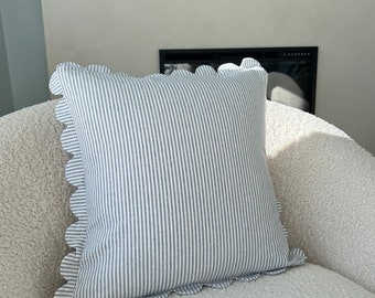 Scallop Edge Linen Pillow Cover. Chambray Striped Perfection. Handmade in Maine.