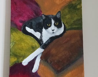 Cat Painting 5"x7" Black and White Tuxedo Cat Art - Help Rescued Cats